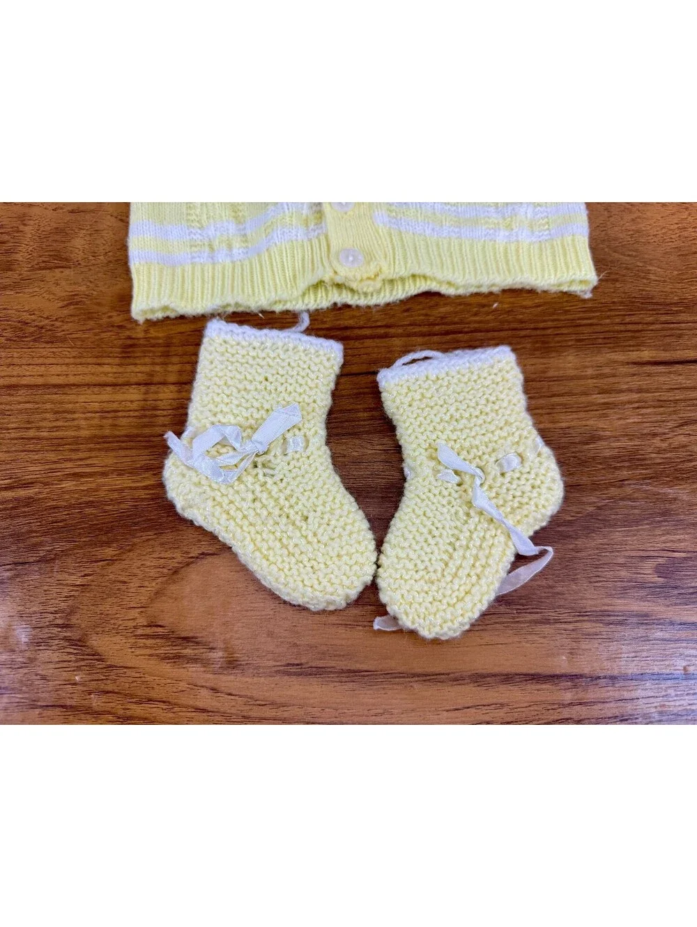 Vintage Yellow Baby Cardigan & Knit Booties Set 6-12M Orlon Acrylic White Stripe